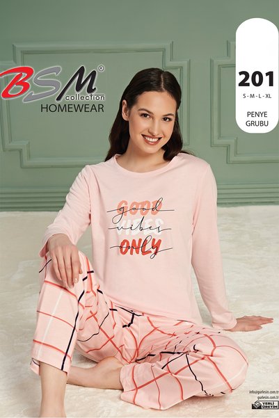 BSM Kadın Yüksek Kalite Sıfır Yaka Pamuklu Ekose Desen Uzun Kol Somon Pijama Takımı