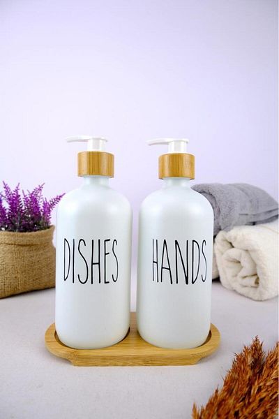 Digithome 2-Piece Glass Liquid Soap and Dish Soap Bottle with Wooden Stand White 500 Ml - G/13