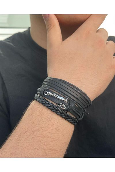BSN Store Viking Thor Axe Figured 3-Piece Handmade Leather Bracelet