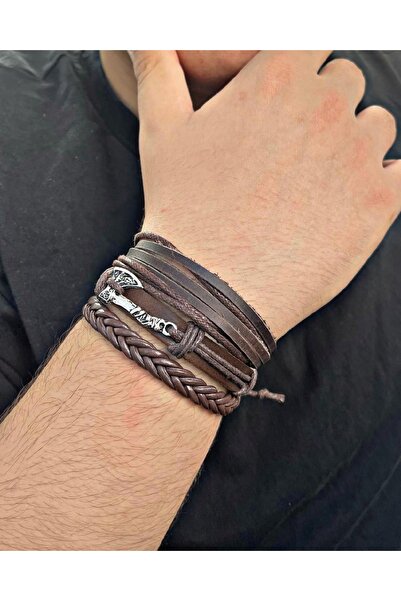 BSN Store Viking Thor Axe Figured 3-Piece Handmade Leather Bracelet