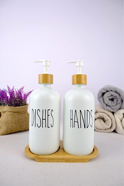 Digithome 2-Piece Glass Liquid Soap and Dish Soap Bottle with Wooden Stand White 500 Ml - G/13
