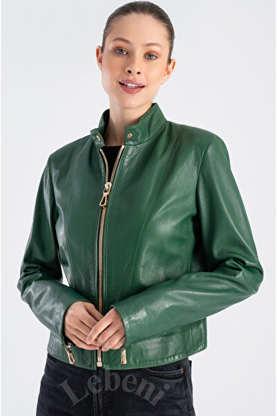 Lebeni Hakiki Deri Ceket Kadın - Mevsimlik Kısa Deri Ceket Yeşil