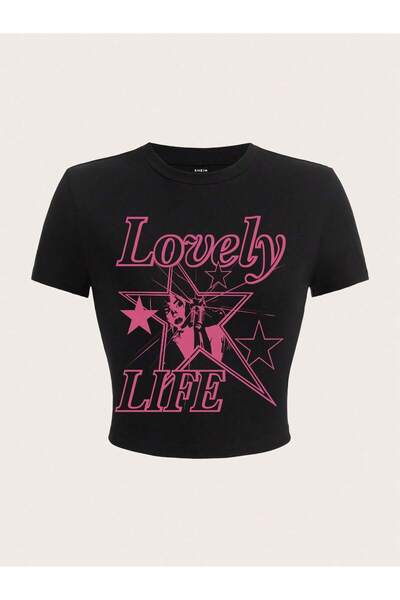 Jose Clothing Γυναικεία κοντομάνικη μπλούζα από οργανικό βαμβάκι με μαύρη στάμπα