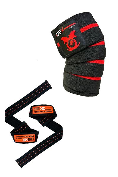 Dex Supports Lasting Energy Weight Lifting Strap Lifting Straps Pro Orange + Knee Bandage Knee Brace Pro Knee Wraps 2-Pack