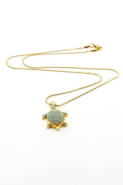Solfera Sea Turtle Blue Jewelled Ocean Reef Yellow Steel Chain Women's Necklace Q0789