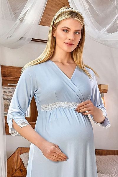 Cossy By Aqua 24177 Cămașă de noapte pentru maternitate pentru femei, cu guler dublu și mânecă pe jumătate-albastru
