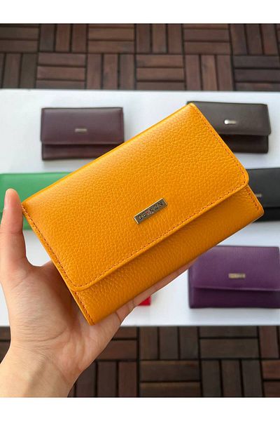 DERKON Medium Size Genuine Leather Women's Wallet Yellow Color