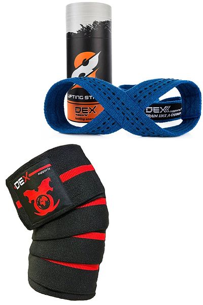 Dex Supports Lasting Energy Fitness Knee Bandage - Knee Brace Knee Wraps and Weight Lifting Strap 8 Loop Blue Lifting Straps Pack of 2