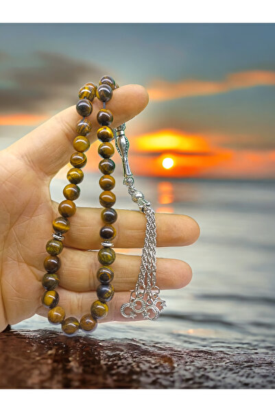 DOĞAL TAŞ CENNETİ Natural Stone Tiger Eye Rosary - Silver Coated in Certified...