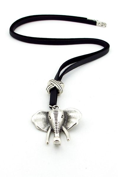 Solfera ELEPHANT ELEPHANT METAL MEDAL BLACK LEATHER MEN'S NECKLACE Q0653