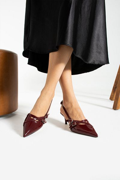 İnan Ayakkabı Women's Burgundy Patent Leather Buckle Detailed Heeled Shoes (6 CM)