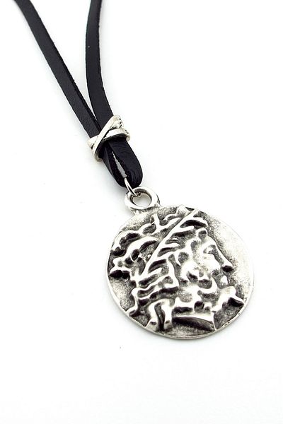 Solfera ZEUS OLYMPOS ANTIQUE MEDALLY BLACK LEATHER MEN'S NECKLACE Q0651