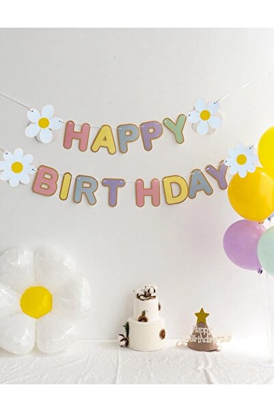 Partifabrik Makaron Renkler papatya Happy Birthday Yazı süsü
