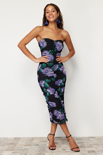 Trendyol Collection Stylish Purple-Multicolor Draped Knitted Evening Dress - Tulle Detailed, Fitted TPRSS24EL00058