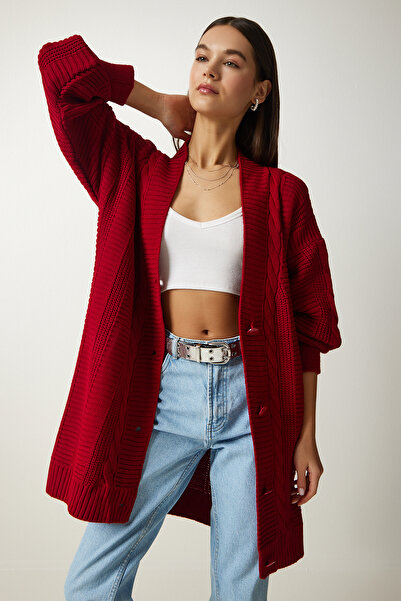 Happiness İstanbul Női piros léggömb ujjú túlméretezett kötöttáru kardigán DD01033