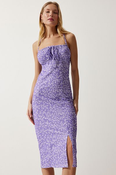 Happiness İstanbul Rochie tricotată de vară cu fantă florală, alb, liliac, vibrant, CI00029