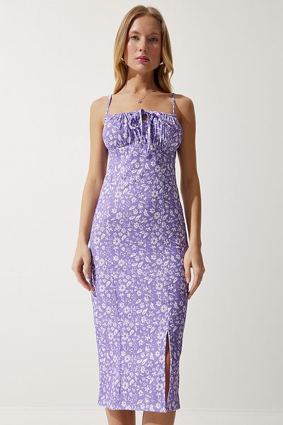 Happiness İstanbul Leuchtendes lila Blumen-Strickkleid mit Schlitz für Damen CI00029