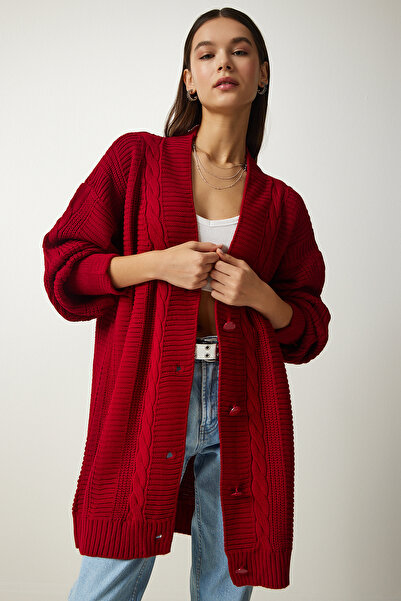 Happiness İstanbul Női piros léggömb ujjú túlméretezett kötöttáru kardigán DD01033