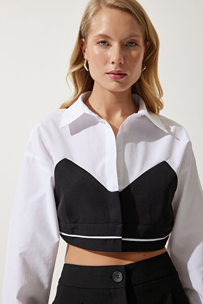 Happiness İstanbul Γυναικείο πουκάμισο Crop Poplin σε λευκό χρώμα Blocked SF00018