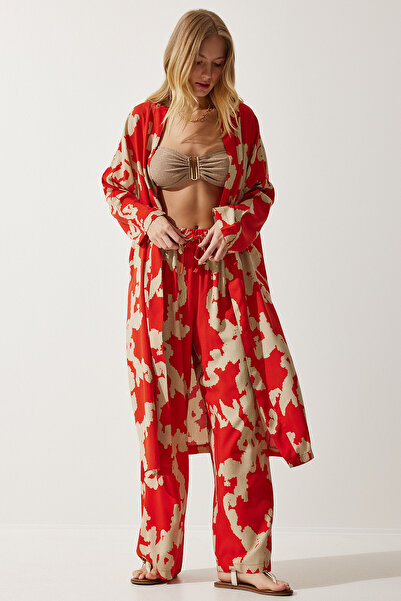 Happiness İstanbul Women's Orange Beige Patterned Viscose Kimono Palazzo Trousers Set CI00086