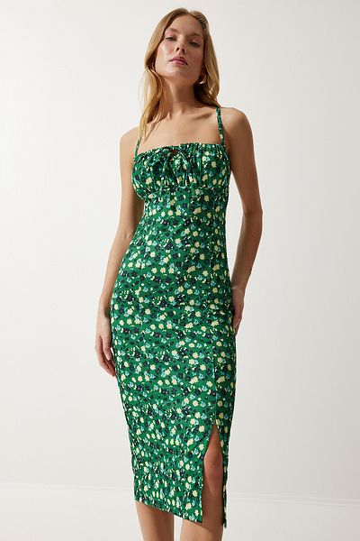 Happiness İstanbul Grün-gelbes Sommer-Strickkleid mit Blumenmuster und Schlitz für Damen CI00029