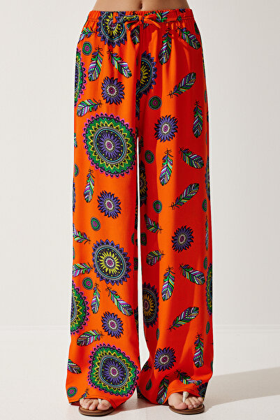 Happiness İstanbul Damskie pomarańczowo-fioletowe wzorzyste spodnie palazzo z wiskozy EN00606