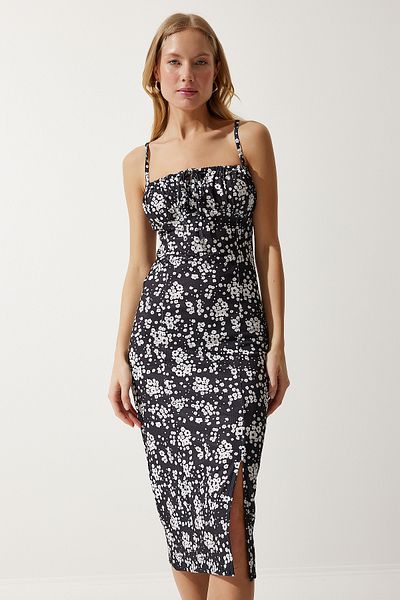 Happiness İstanbul Weiß-schwarzes Sommer-Strickkleid mit Blumenmuster und Schlitz für Damen CI00029