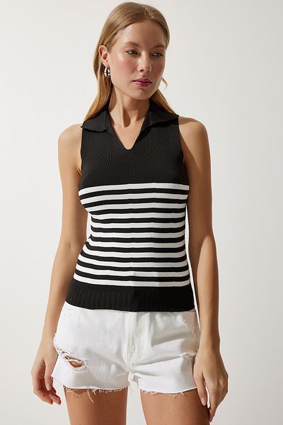 Happiness İstanbul Women's Black Polo Neck Striped Knitwear Blouse OW00037