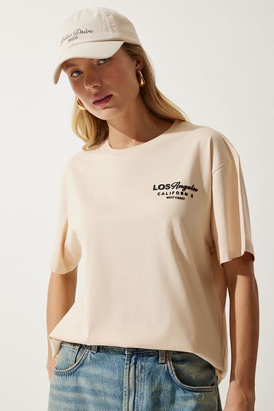 Happiness İstanbul Cremefarbenes bedrucktes Strick-T-Shirt mit Rundhalsausschnitt für Damen NJ00137