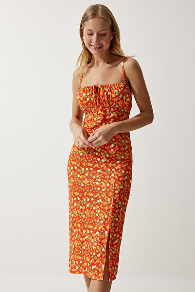 Happiness İstanbul Damska pomarańczowo-żółta letnia sukienka z dzianiny z rozcięciem w kwiaty CI00029