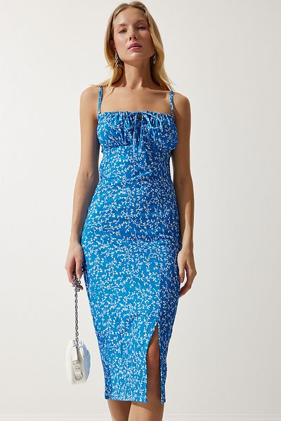 Happiness İstanbul Blau-weißes, geblümtes, geschlitztes Sommer-Strickkleid für Damen CI00029