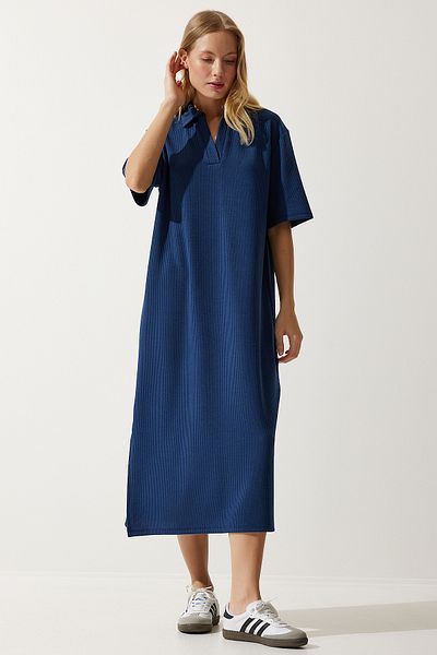 Happiness İstanbul Women's Navy Blue Polo Neck Knitted Corduroy Dress DZ00110