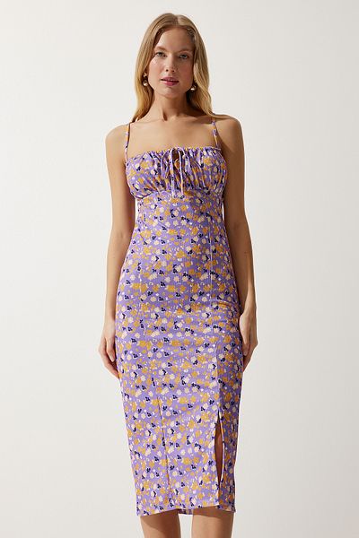 Happiness İstanbul Lila-orangefarbenes Sommer-Strickkleid mit Blumenmuster und Schlitz für Damen CI00029