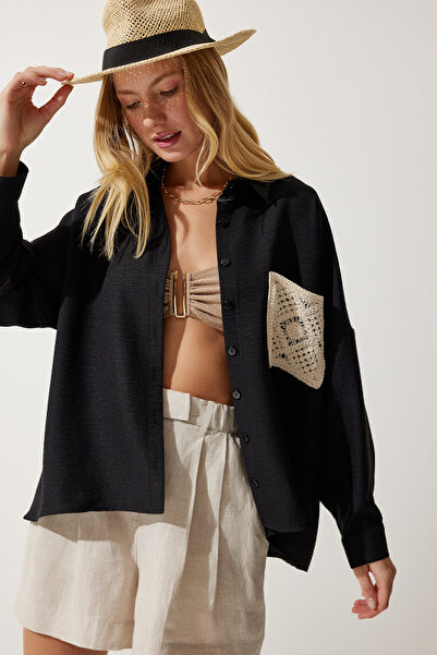 Happiness İstanbul Női fekete csipke részletes vászon ing TP00018