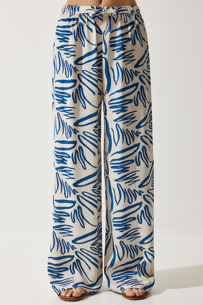 Happiness İstanbul Női krémszínű sötétkék mintás folyós viszkóz Palazzo nadrág EN00606