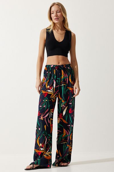 Happiness İstanbul Palazzo-Hose aus fließender Viskose mit Muster in Marineblau und Gelb für Damen EN00606