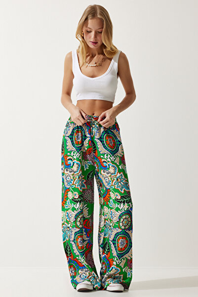 Happiness İstanbul Zelenooranžové vzorované viskózové dámské kalhoty Palazzo - EN00606
