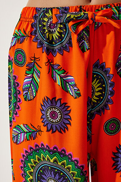Happiness İstanbul Damskie pomarańczowo-fioletowe wzorzyste spodnie palazzo z wiskozy EN00606