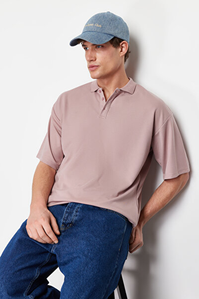 Trendyol Collection Premium Dusty Rose Oversize/Wide Cut Tok Fabric Polo Neck T-Shirt Tmnss24Po00012
