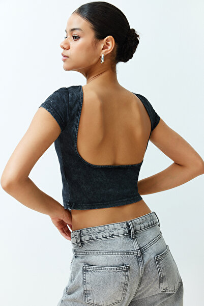 Trendyol Collection Bluză tricotată flexibilă din bumbac crop crop neagră/efe...