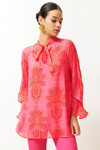 Trendyol Modest Pink Lined Chiffon Patterned Woven Tunic TCTSS24UK00026