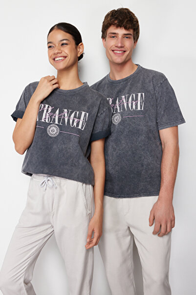 Trendyol Collection Anthracite Printed Embroidered Oversize Cotton T-Shirt - Tmnss24Ts00115
