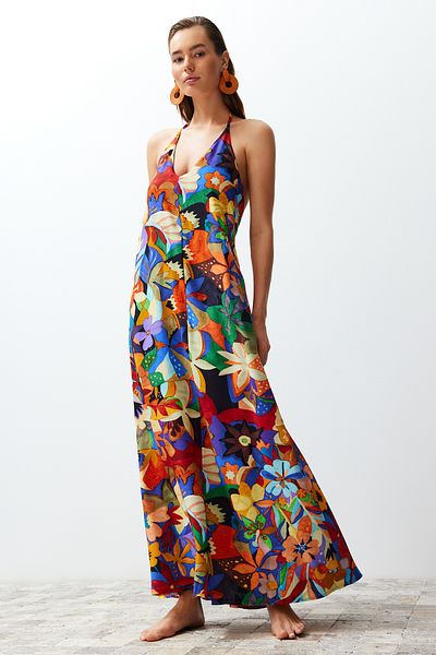 Trendyol Collection Φόρεμα παραλίας με φλοράλ μοτίβο Maxi υφαντό Χαμηλό φόρεμα παραλίας TBESS24EL00022