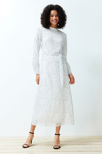 Trendyol Modest White Textured Quality Polka Dot Lined Woven Dress TCTSS24EB00141