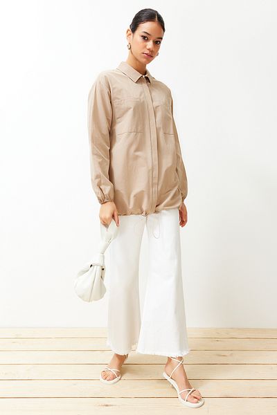 Trendyol Modest Beige Stopped Detailed Woven Shirt TCTSS24TG00033