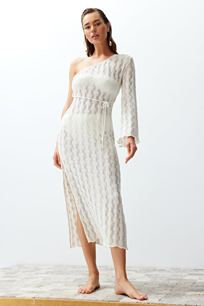 Trendyol Collection Plážové šaty na jedno rameno v béžové barvě TBESS24EL00025