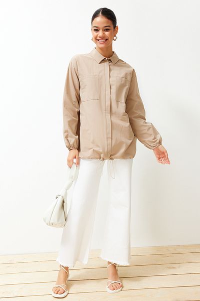 Trendyol Modest Beige Stopped Detailed Woven Shirt TCTSS24TG00033