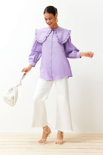 Trendyol Modest Lilafarbenes Hemd aus gewebter Baumwolle mit Babykragen TCTSS24TG00027