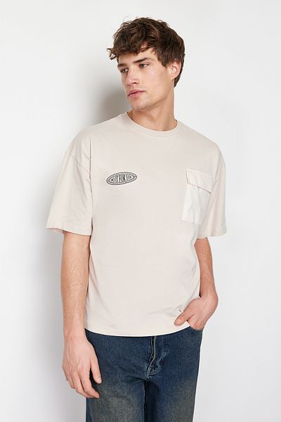 Trendyol Collection Oversize Printed Cotton T-Shirt - Stone, 100%, Pocket Detailed TMNSS24TS00072