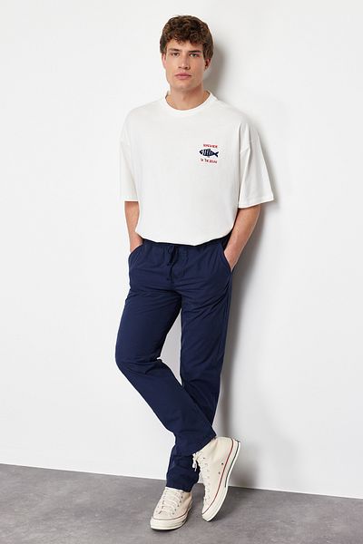 Trendyol Collection Темно-сині літні штани з м'якого льону 100 бавовни з еластичним поясом TMNSS24PL00002